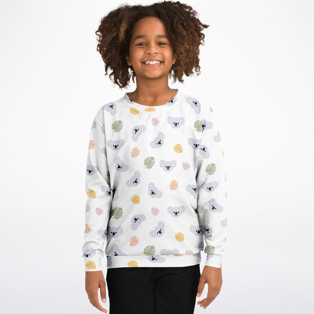 White kids koala bear sweatshirt with gray koalas and pastel leaves in cozy cotton fleece or lightweight sports fabric