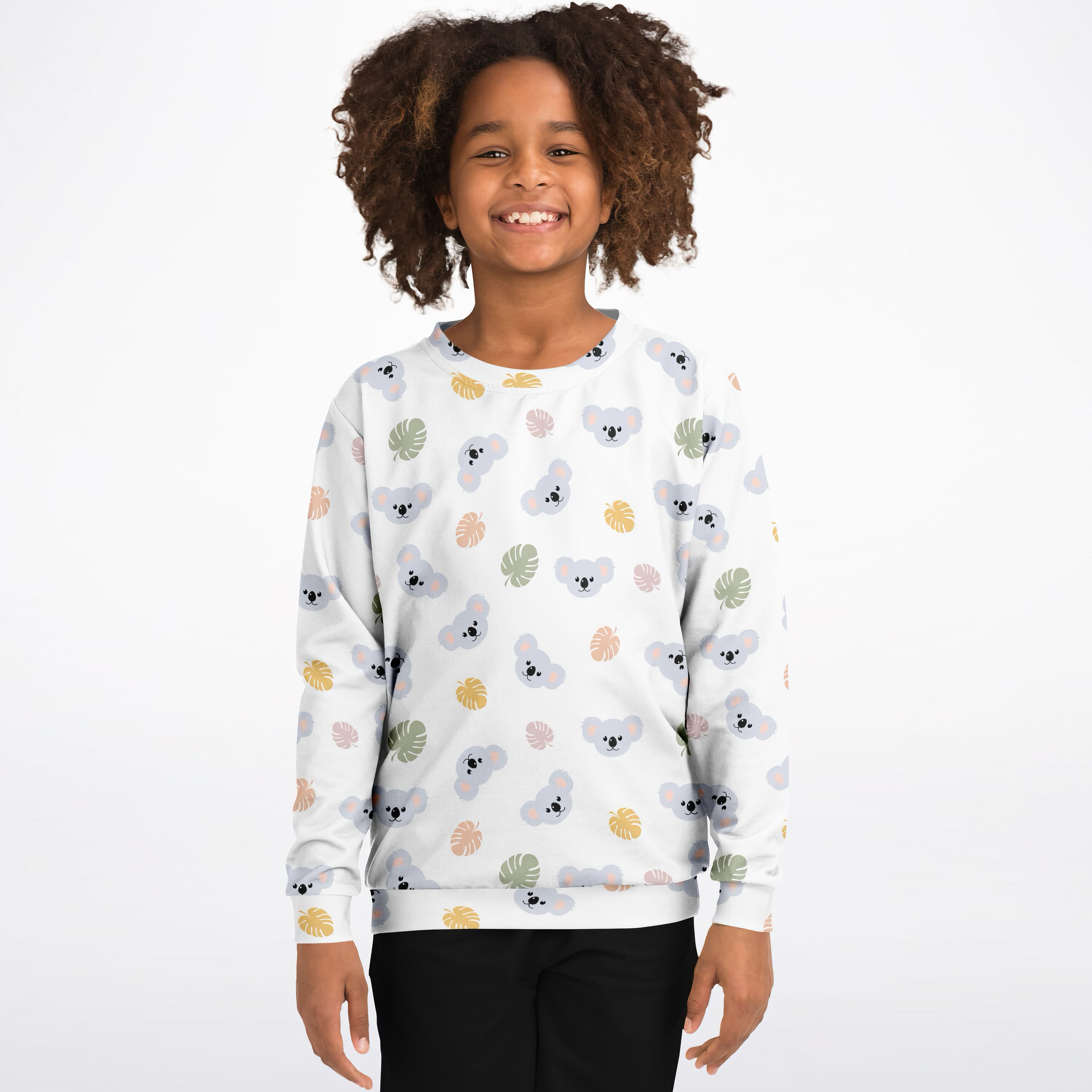 White kids koala bear sweatshirt with gray koalas and pastel leaves in cozy cotton fleece or lightweight sports fabric