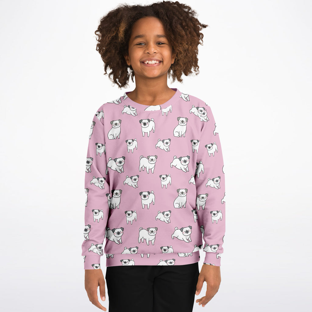 Girls Pink Pug Sweatshirt – Cozy Cotton Fleece or Lightweight Sports Fabric