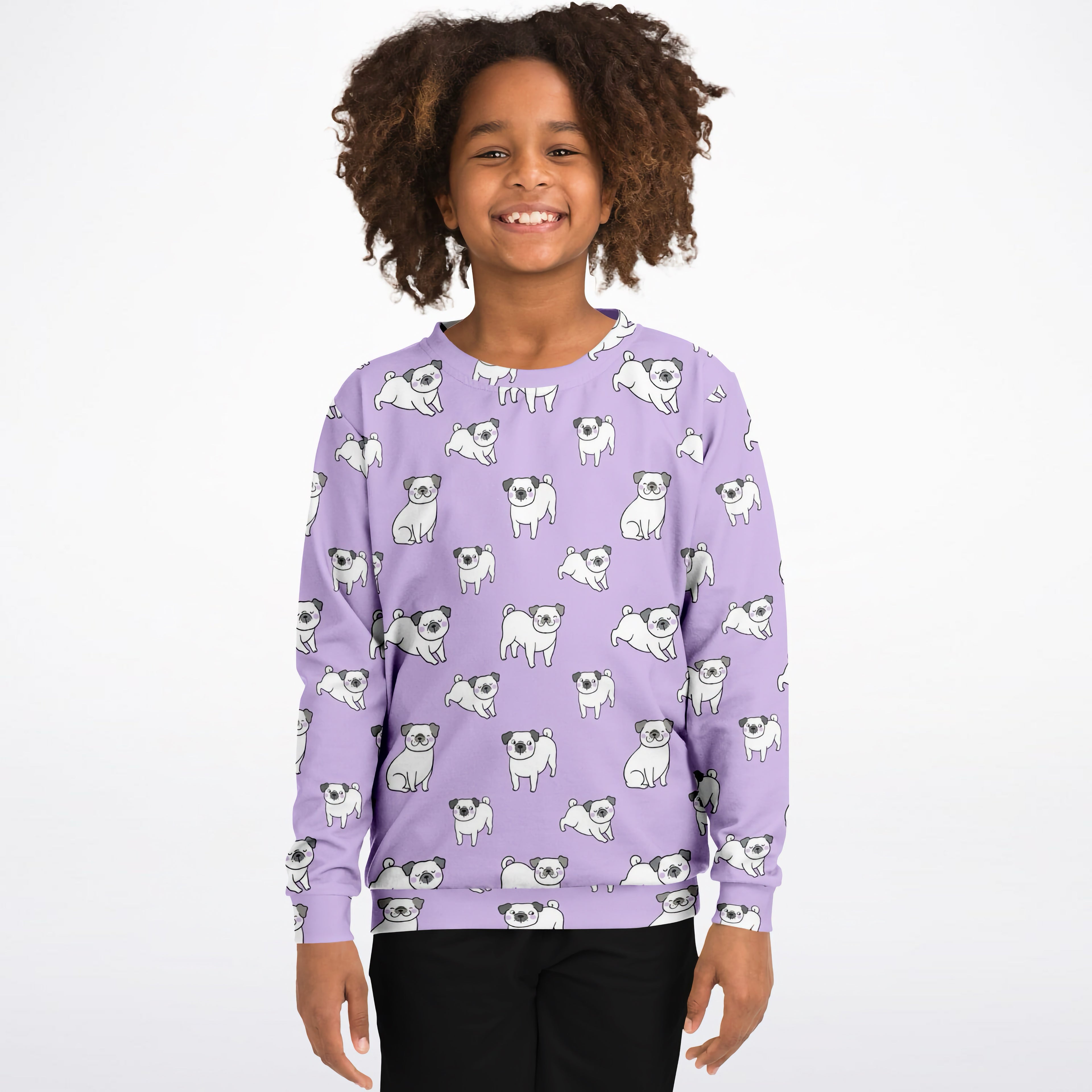 Girls purple pug sweatshirt in cozy cotton fleece with long sleeves and playful cartoon pug print