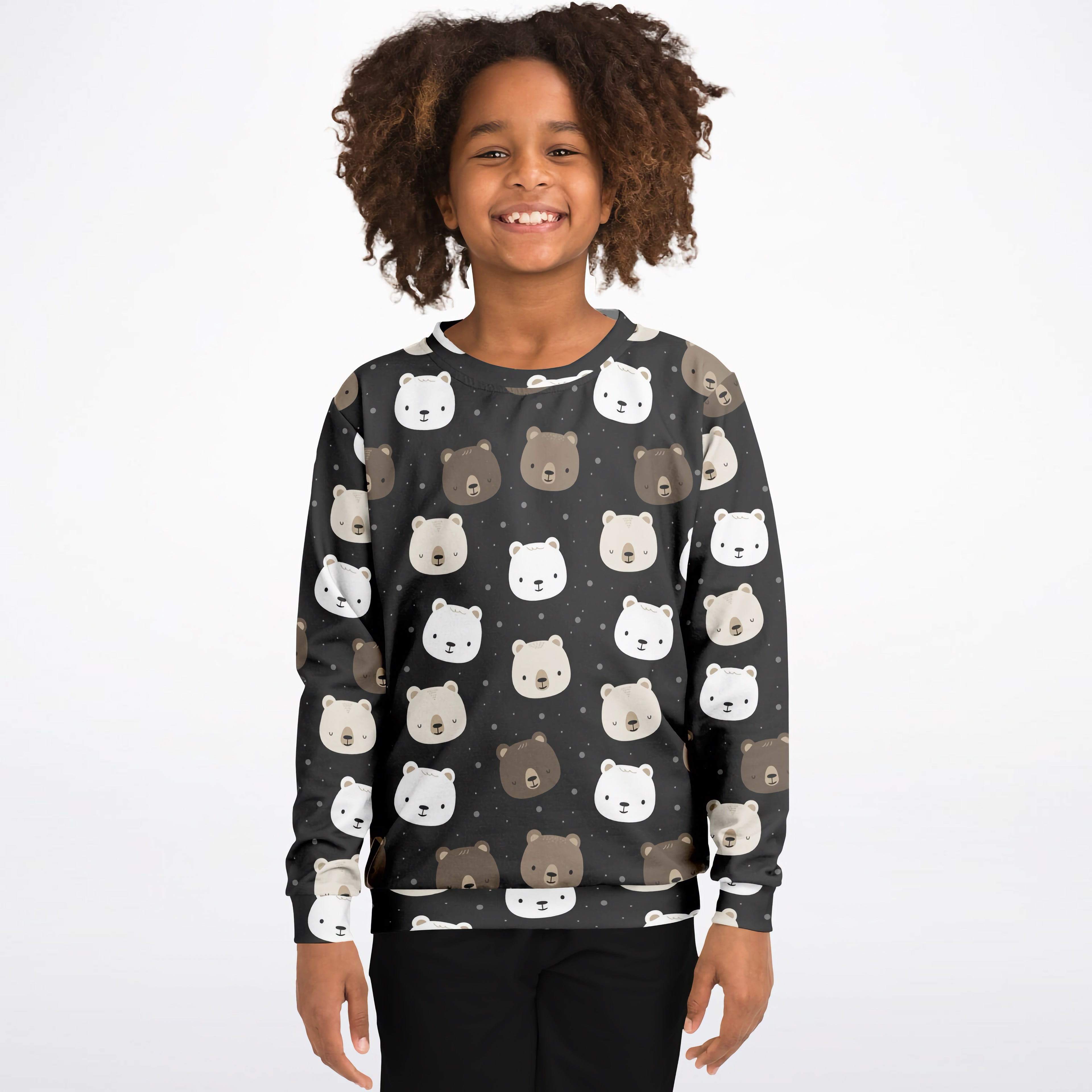 A child wearing a dark gray kids bear face sweatshirt with white and brown cartoon bears in cozy cotton fleece