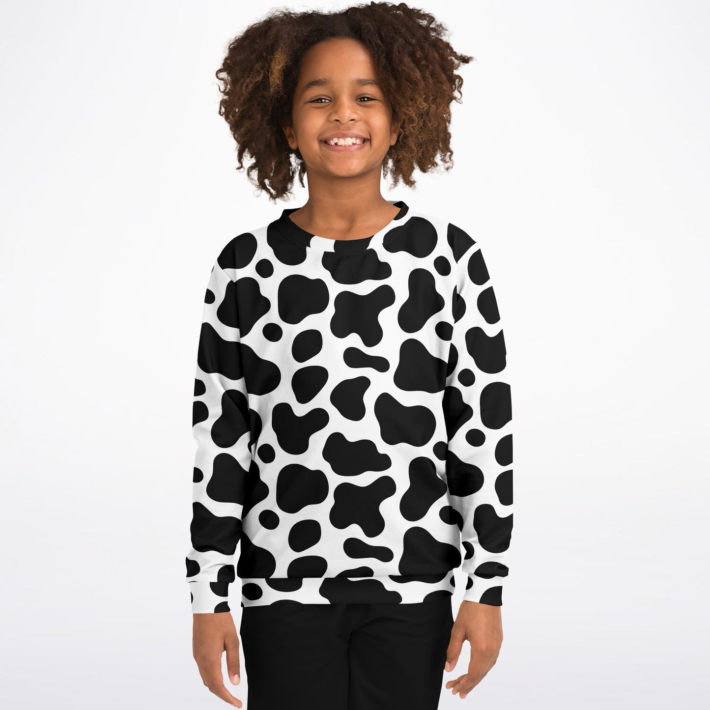 Kids Cow Print Sweatshirt – Cozy Cotton Fleece or Lightweight Sports Fabric