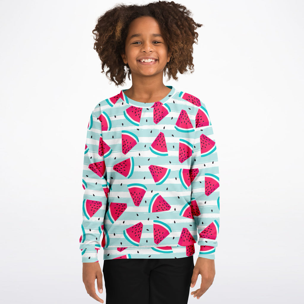 A child wearing a kids striped watermelon sweatshirt in cozy cotton fleece with playful watermelon slice pattern