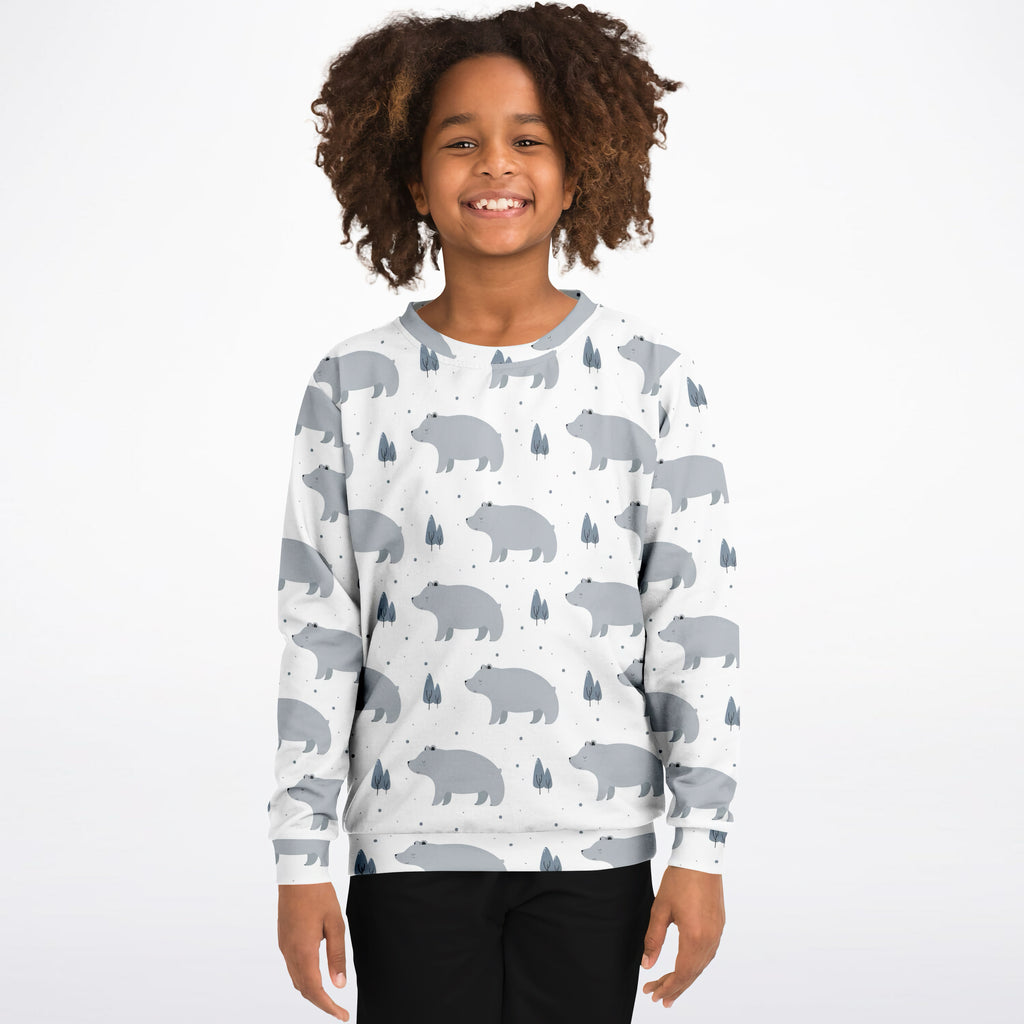 White kids polar bear sweatshirt with gray bear and tree patterns made of cozy cotton fleece or lightweight fabric