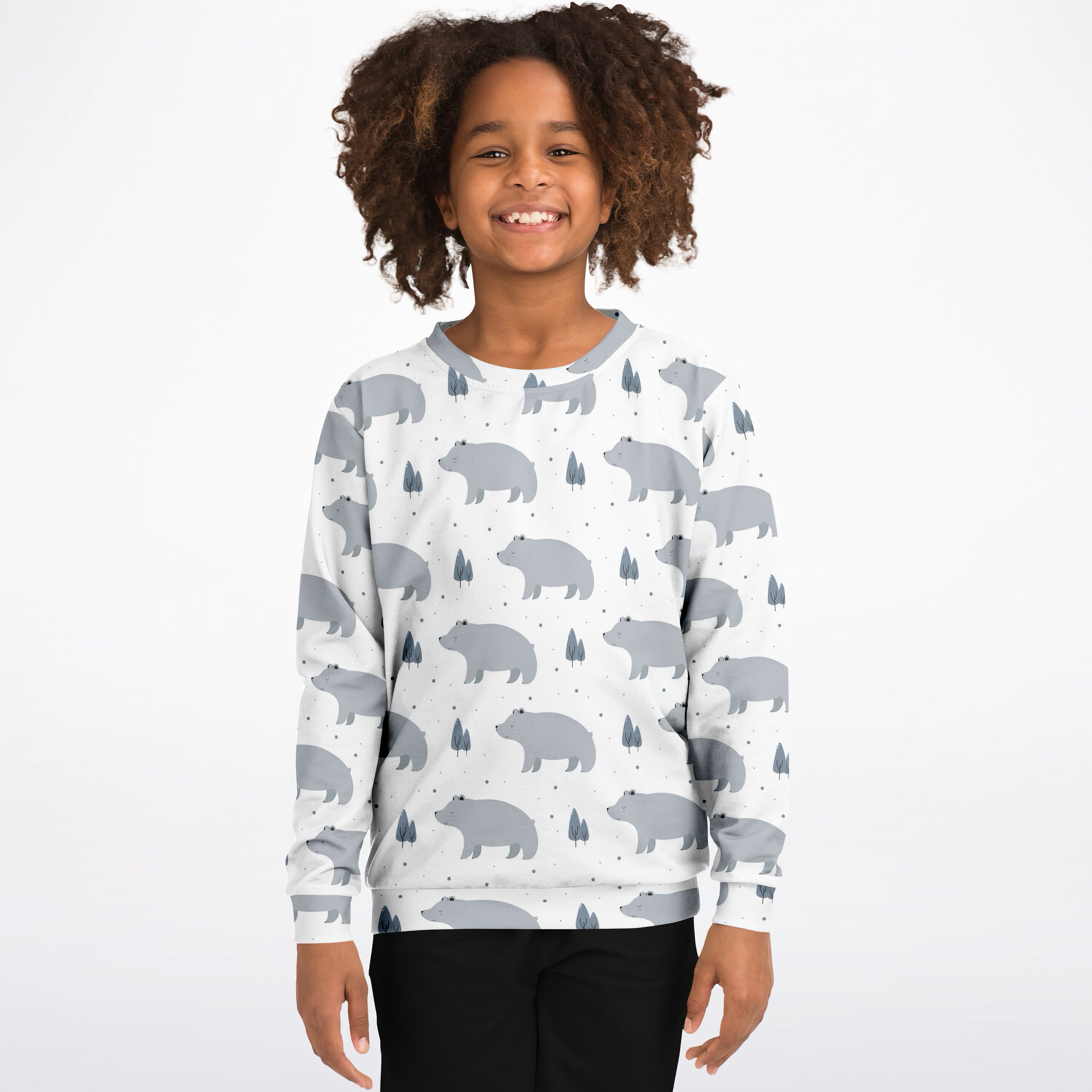 White kids polar bear sweatshirt with gray bear and tree patterns made of cozy cotton fleece or lightweight fabric