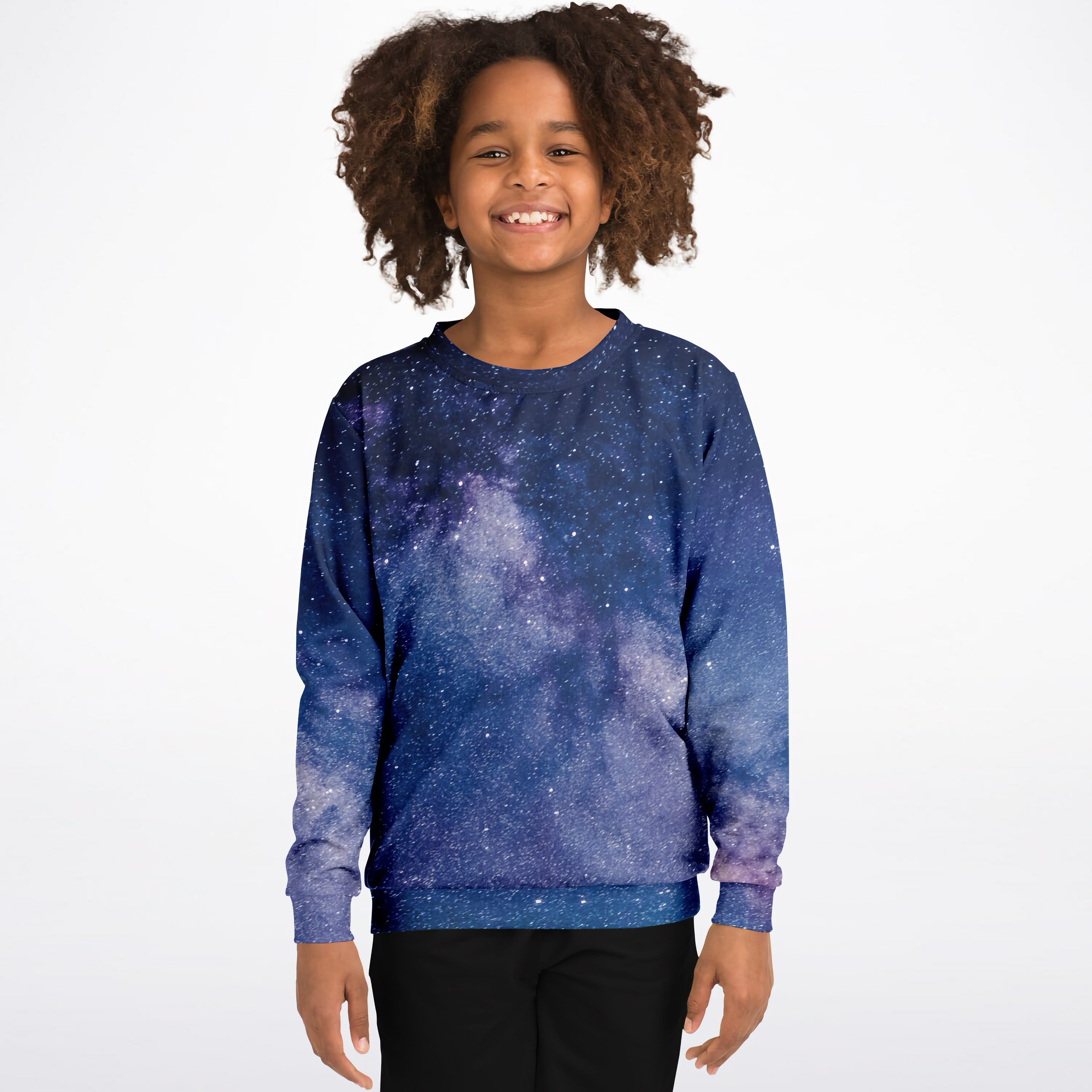 A child wearing a kids realistic galaxy sweatshirt with deep blue and purple cosmic print in cozy cotton fleece