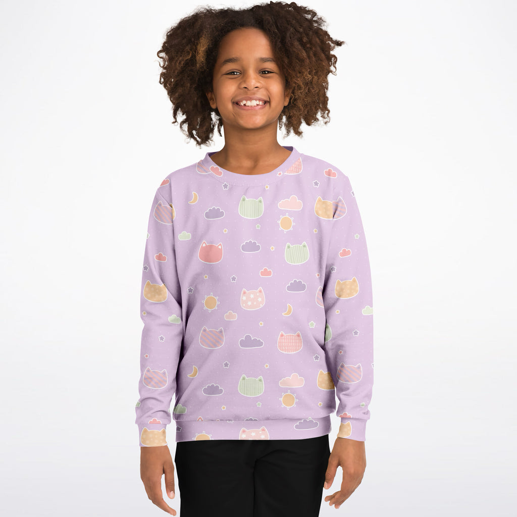 Girls Pastel Purple Kawaii Cats & Clouds Sweatshirt – Cozy Cotton Fleece or Lightweight Sports Fabric