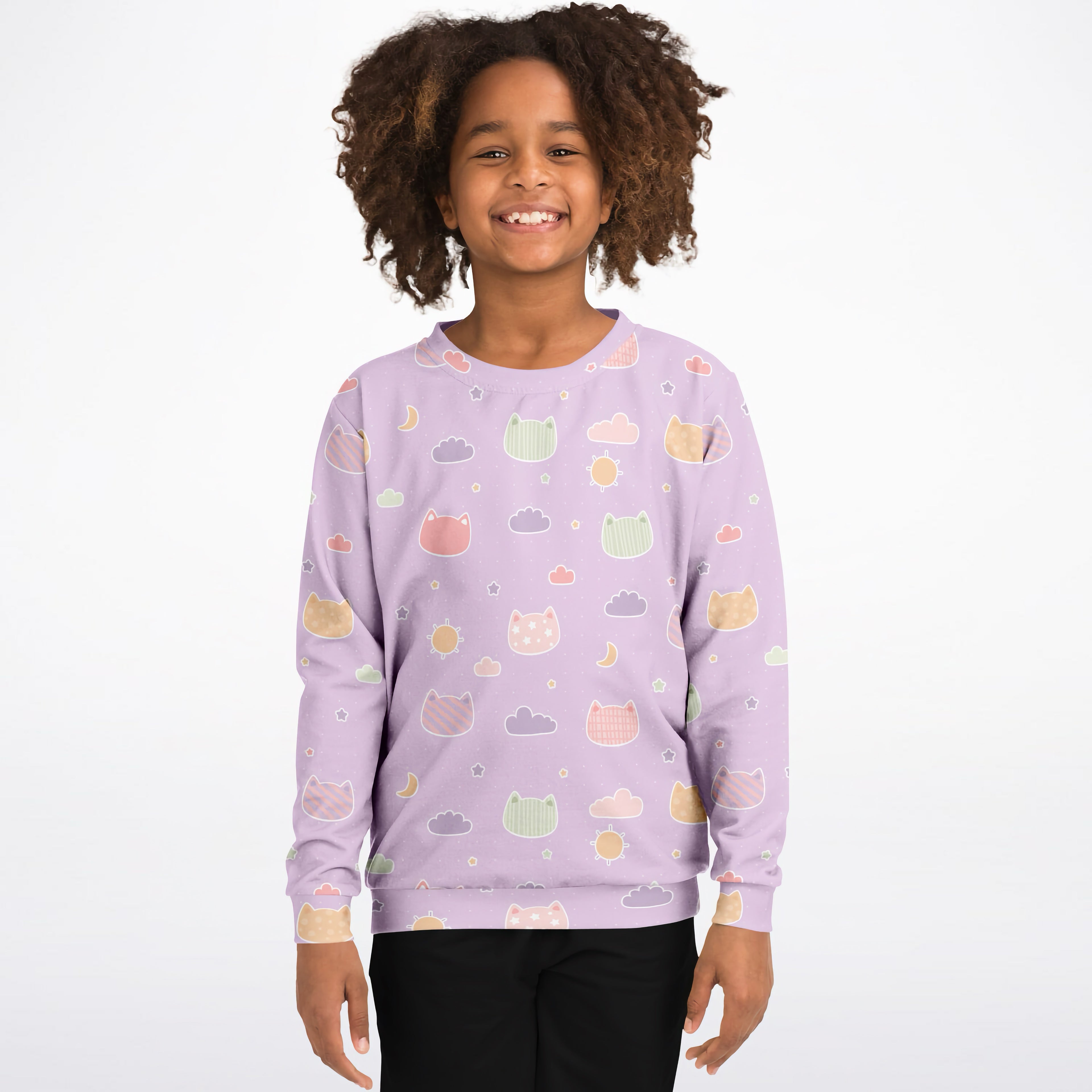 Girls Pastel Purple Kawaii Cats & Clouds Sweatshirt – Cozy Cotton Fleece or Lightweight Sports Fabric