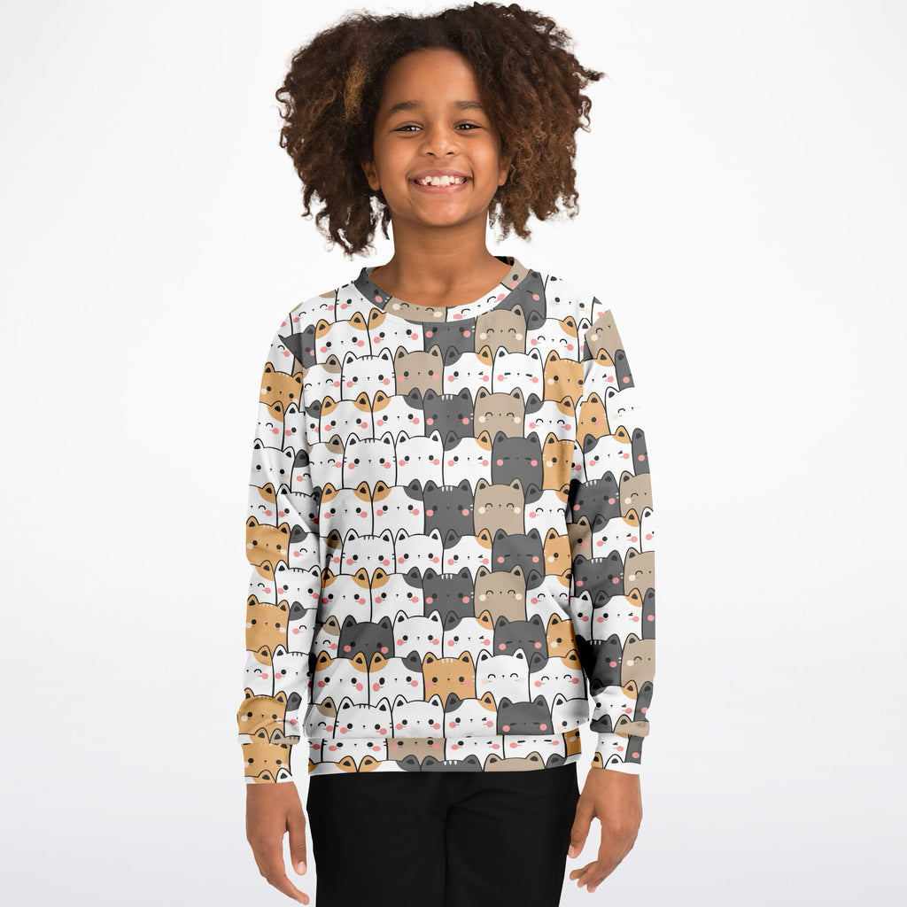 Girls Kawaii Cat Sweatshirt – Cozy Cotton Fleece or Lightweight Sports Fabric