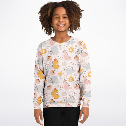 Girls Floral Dinosaur Sweatshirt – Cozy Cotton Fleece or Lightweight Sports Fabric