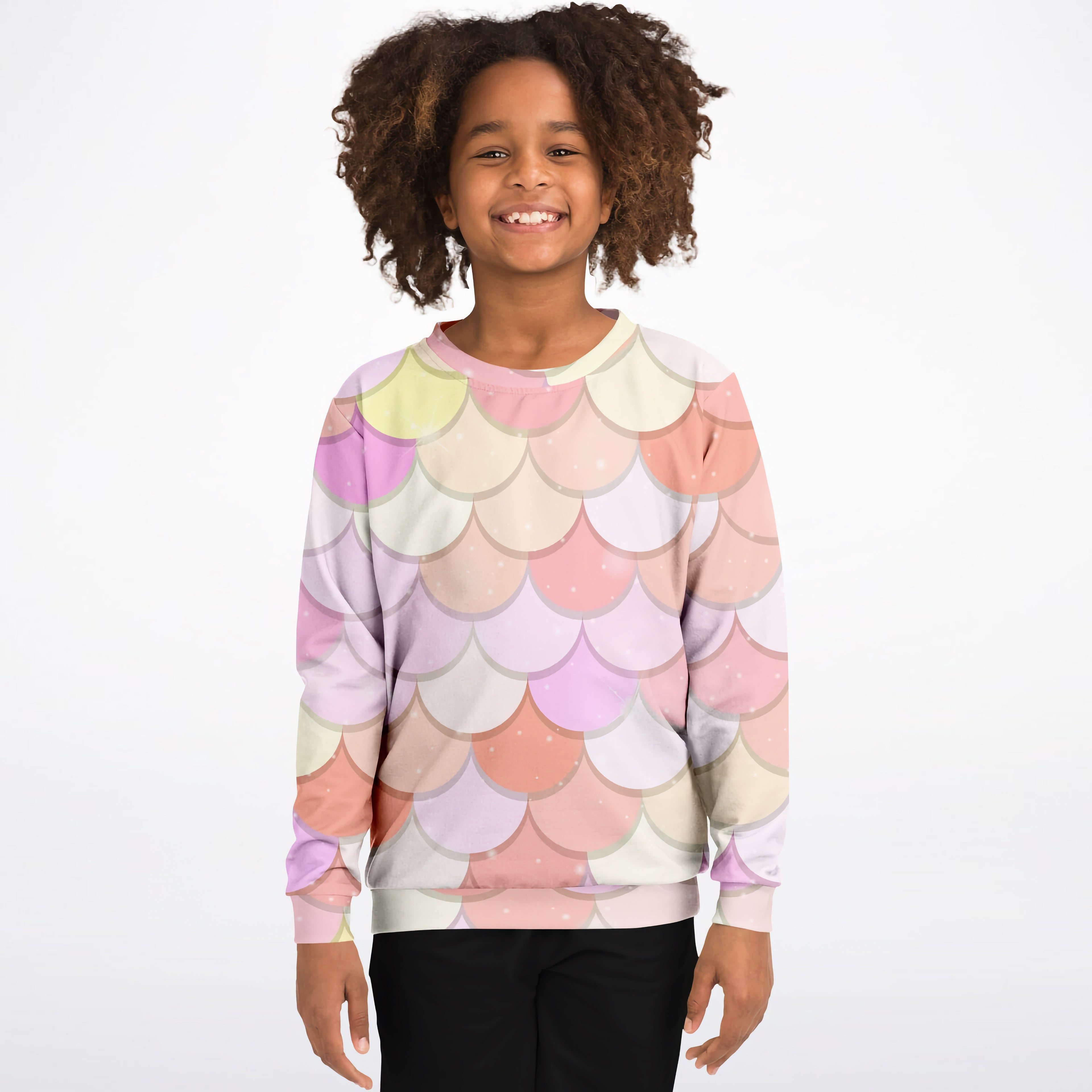 Girls pink mermaid scales sweatshirt with pastel-colored pattern made of cozy cotton fleece or lightweight sports fabric