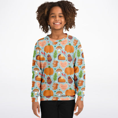 Kids 'Hello Fall' Autumn Themed Sweatshirt – Cozy Cotton Fleece or Lightweight Sports Fabric
