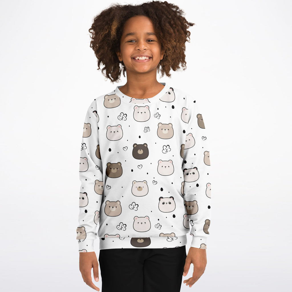 White long-sleeved kids bears and pandas sweatshirt with playful brown and gray cartoon bears on cozy cotton fleece