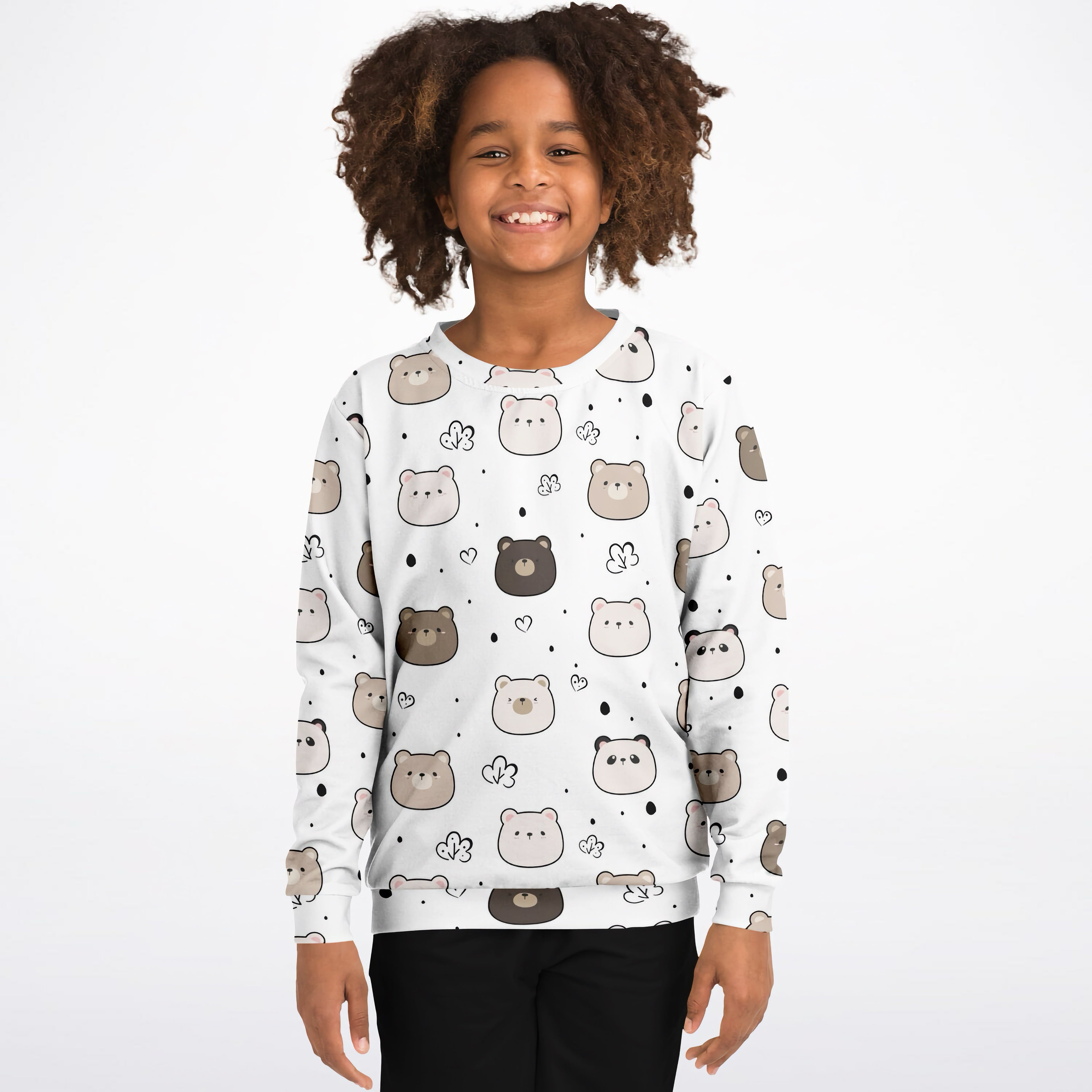 White long-sleeved kids bears and pandas sweatshirt with playful brown and gray cartoon bears on cozy cotton fleece
