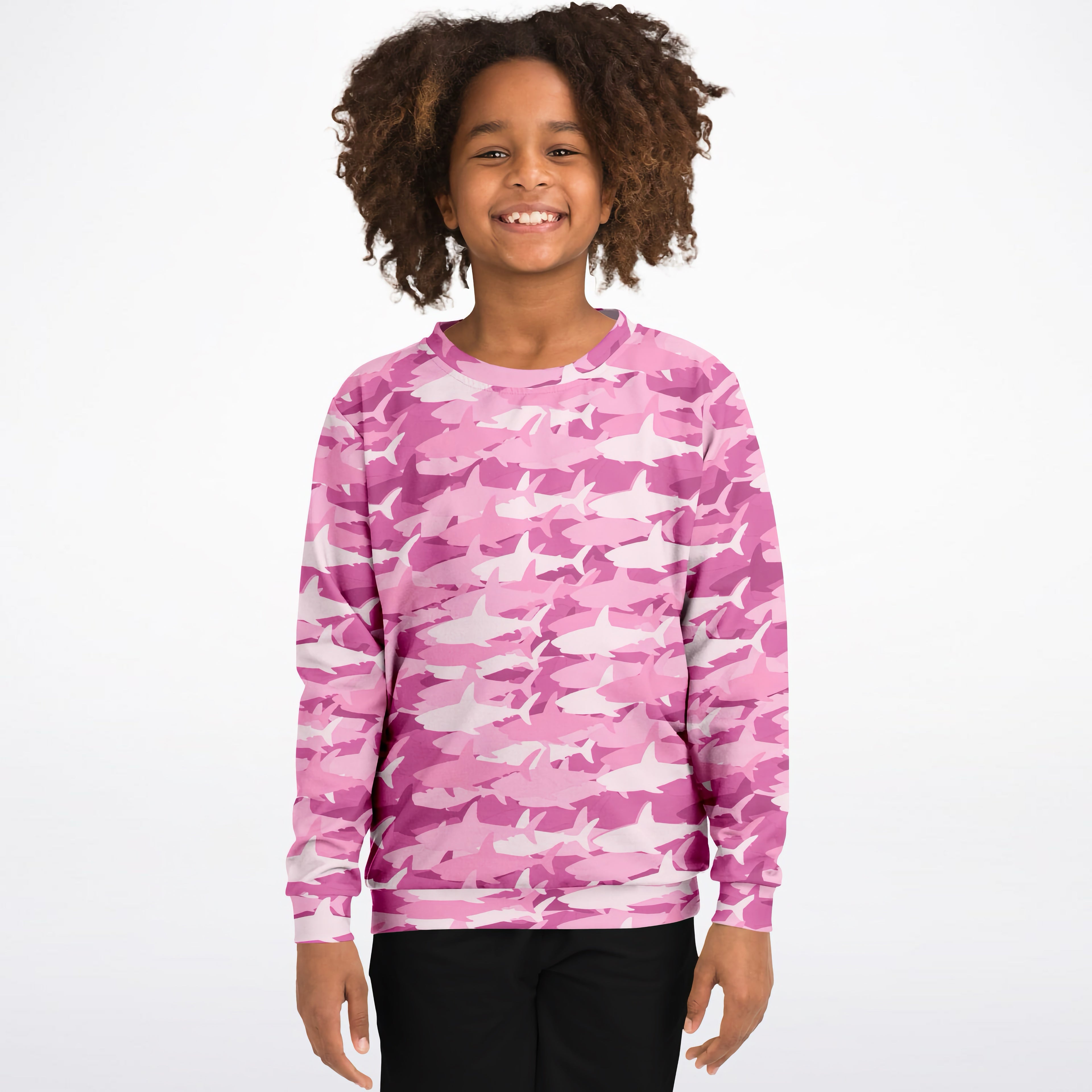 Girls pink and white shark camouflage long-sleeve sweatshirt made from cozy cotton fleece or lightweight sports fabric