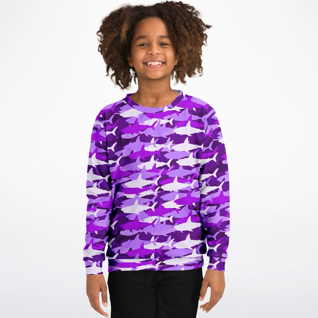 Girls purple and white shark camouflage long sleeve sweatshirt made of cozy cotton fleece or lightweight sports fabric