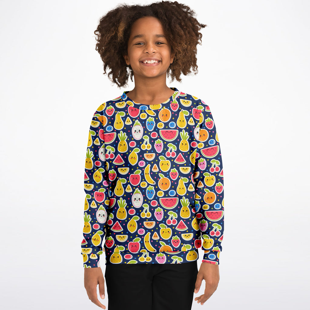 Girls emoji fruit sweatshirt navy blue cotton fleece with colorful playful cartoon fruit pattern for cozy wear