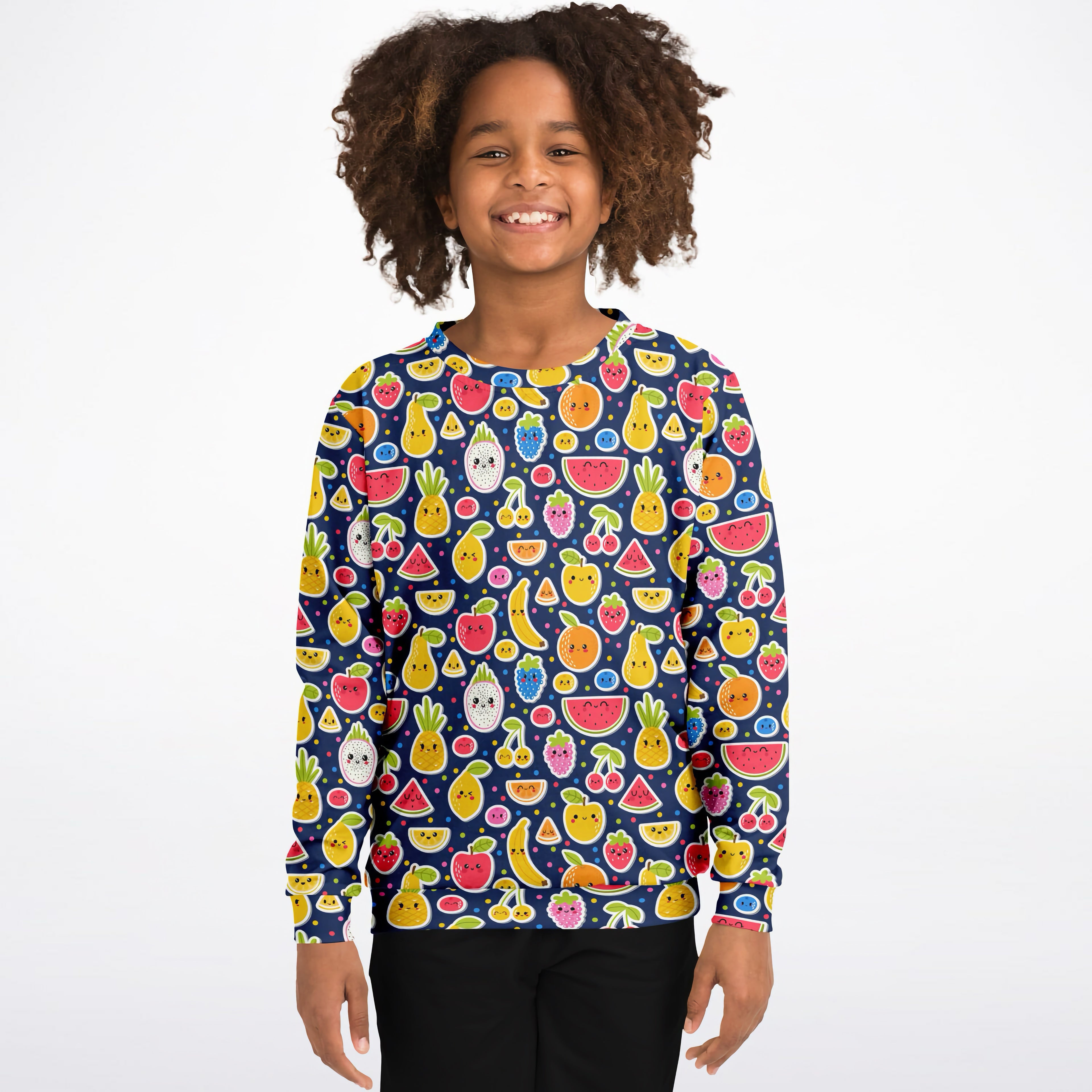 Girls emoji fruit sweatshirt navy blue cotton fleece with colorful playful cartoon fruit pattern for cozy wear