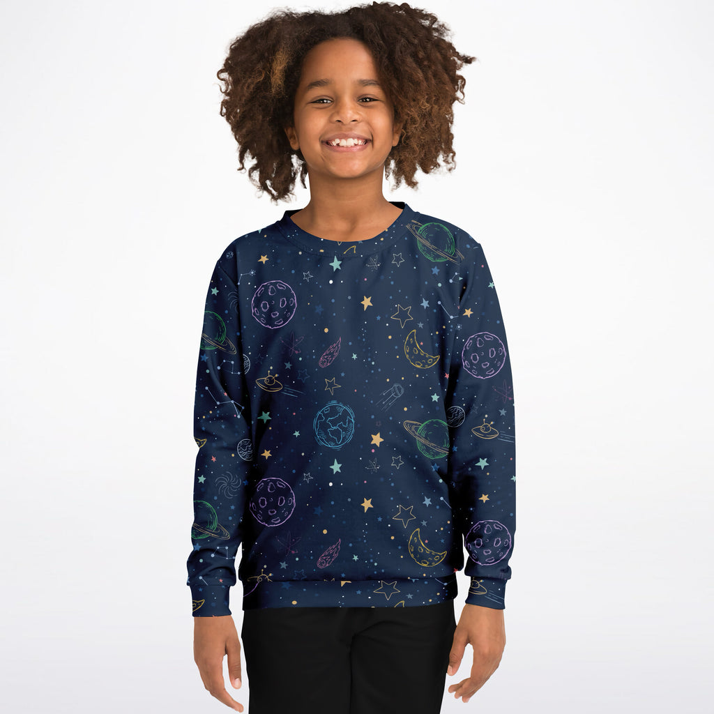 Navy blue kids sweatshirt with colorful galaxy space print made from cozy cotton fleece or lightweight sports fabric