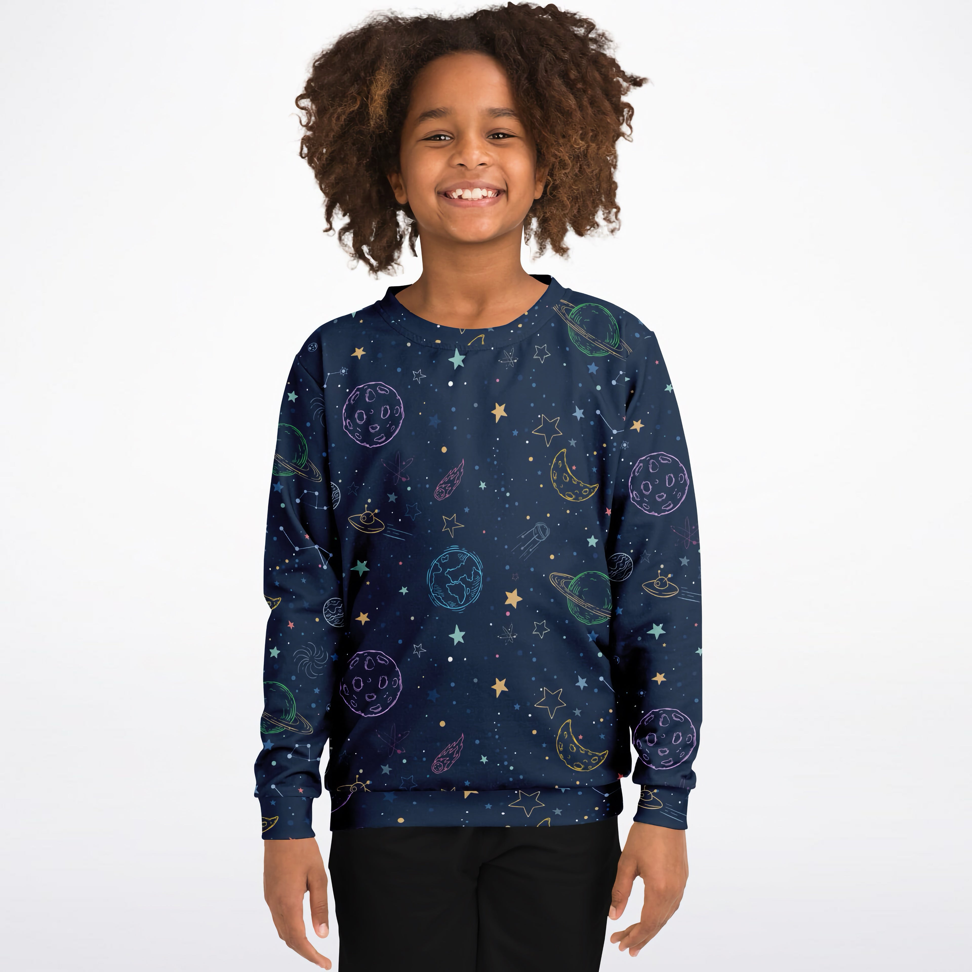 Navy blue kids sweatshirt with colorful galaxy space print made from cozy cotton fleece or lightweight sports fabric