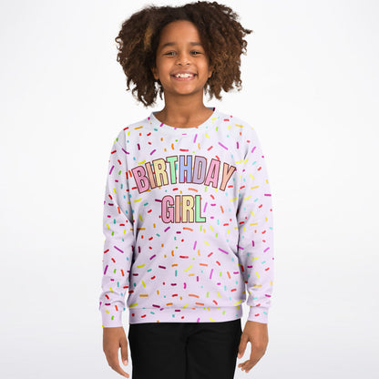 Colorful Sprinkles Birthday Girl Sweatshirt – Cozy Cotton Fleece or Lightweight Sports Fabric