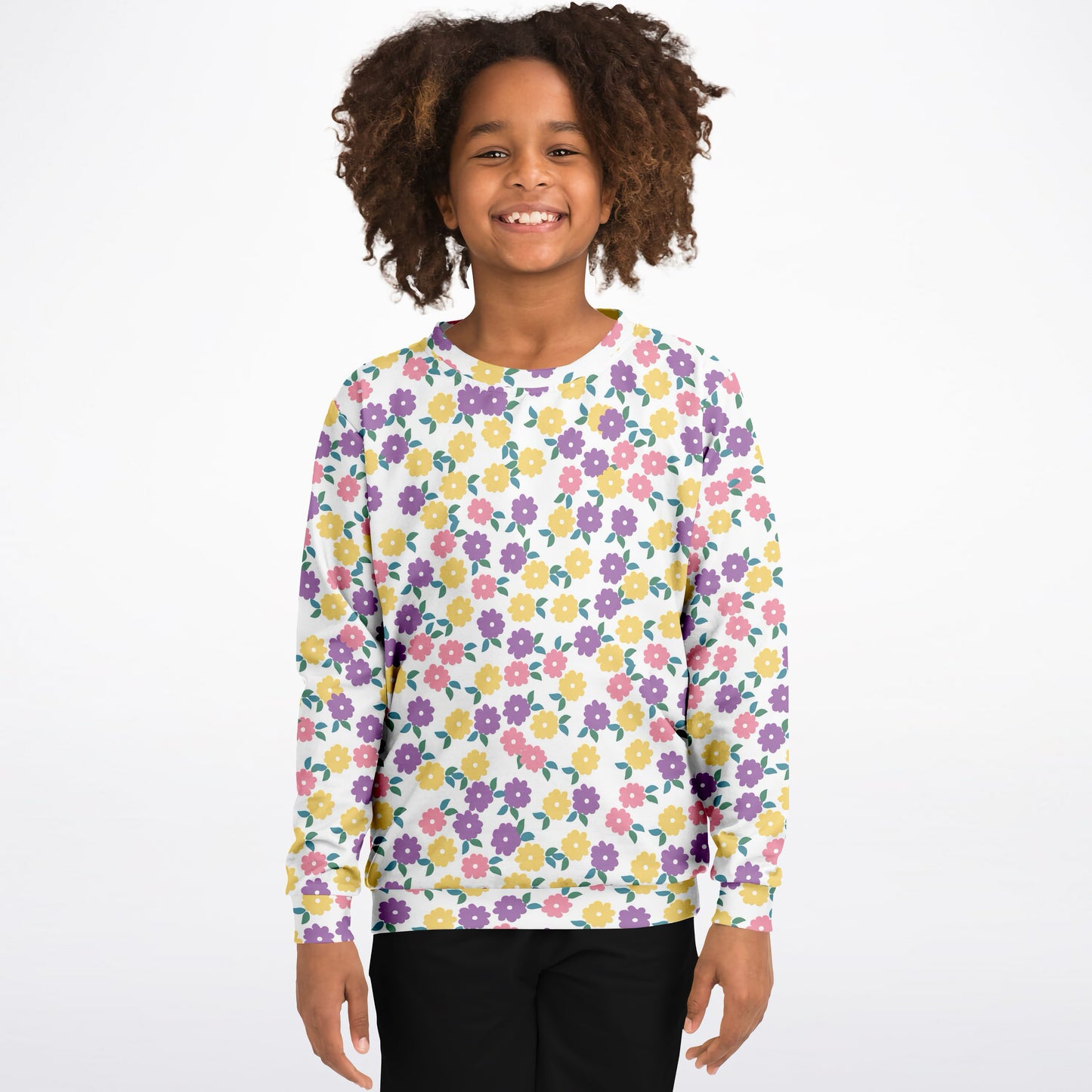 Girls Colorful Floral Sweatshirt – Cozy Cotton Fleece or Lightweight Sports Fabric