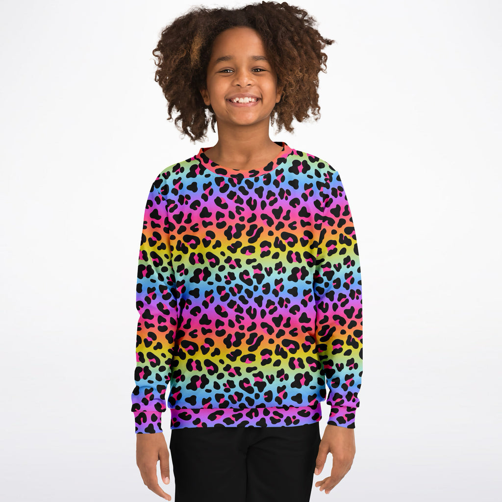 Girls Rainbow Leopard Sweatshirt – Cozy Cotton Fleece or Lightweight Sports Fabric