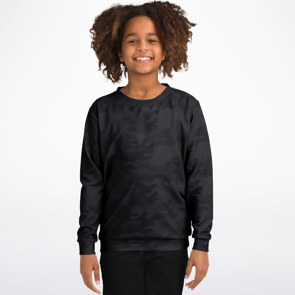 Kids black camouflage long-sleeve sweatshirt made of cozy cotton fleece or lightweight sports fabric for active wear