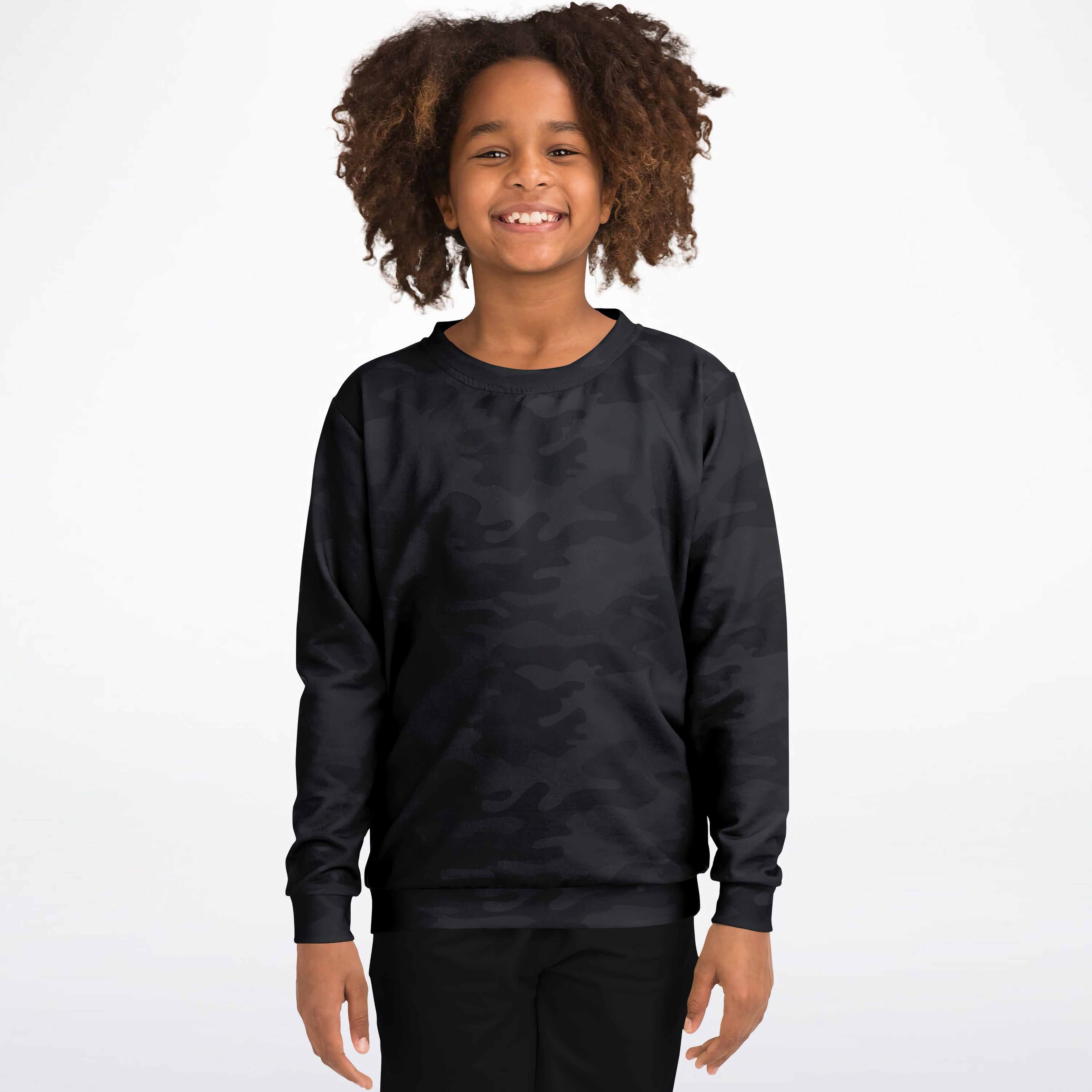 Kids black camouflage long-sleeve sweatshirt made of cozy cotton fleece or lightweight sports fabric for active wear