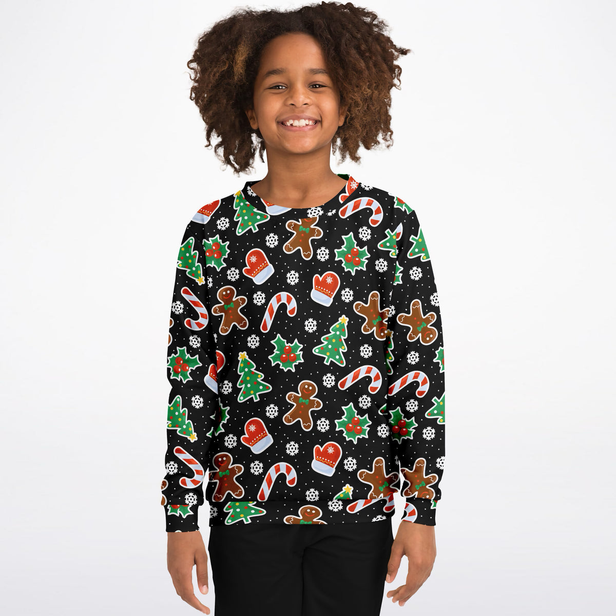 Kids Black Gingerbread Christmas Sweatshirt – Ultra Soft & Stretchy, Cozy Fleece or Lightweight Sports Fabric Sweatshirt – Ultra Soft & Stretchy, Cozy Fleece or Lightweight Sports Fabric