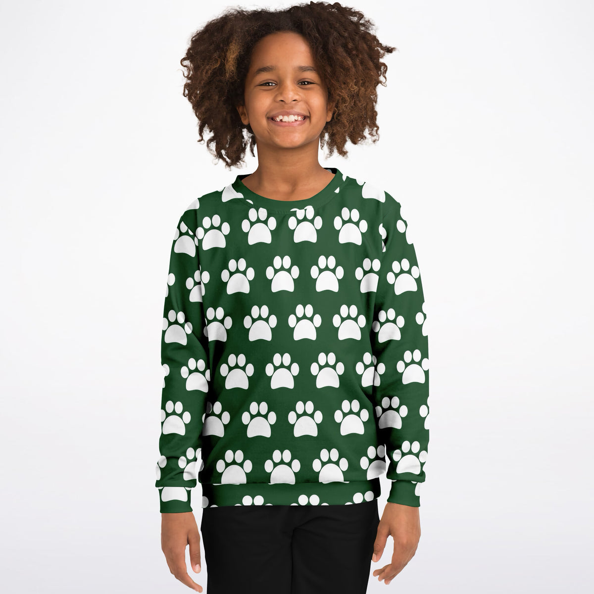 Kids Forest Green Paw Print Sweatshirt – Ultra Soft & Stretchy, Cozy Fleece or Lightweight Sports Fabric Sweatshirt – Ultra Soft & Stretchy, Cozy Fleece or Lightweight Sports Fabric