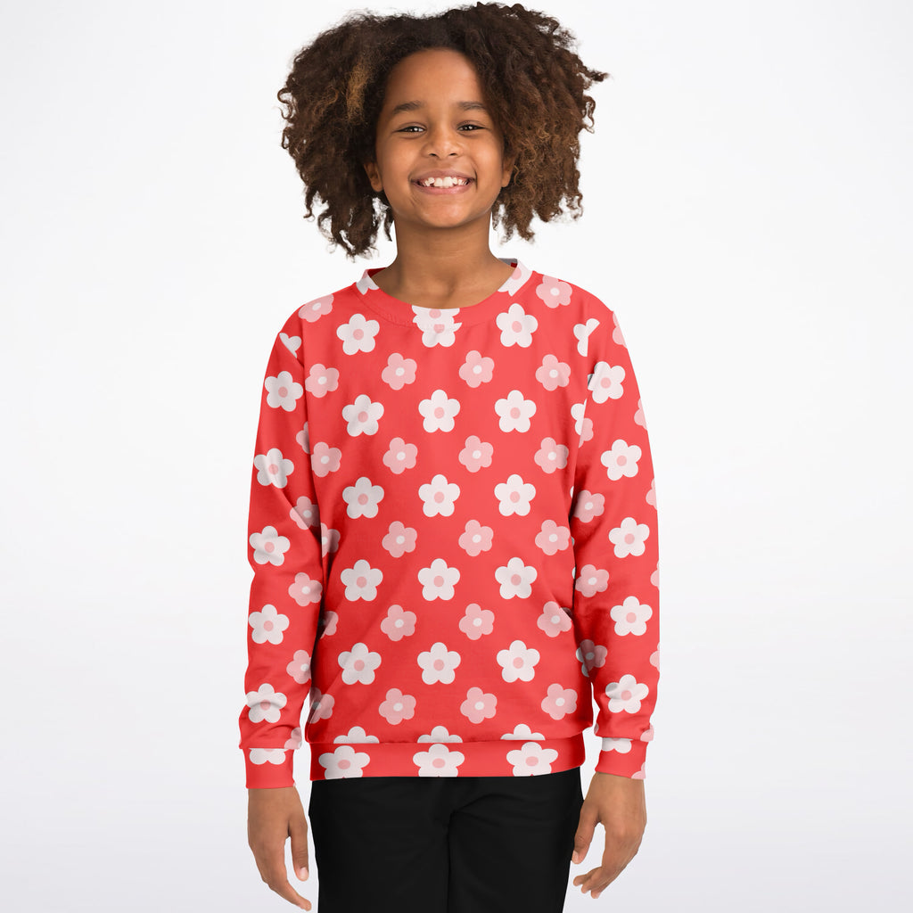 Girls Red Daisy Flower Sweatshirt – Ultra Soft & Stretchy, Cozy Fleece or Lightweight Sports Fabric Sweatshirt – Ultra Soft & Stretchy, Cozy Fleece or Lightweight Sports Fabric
