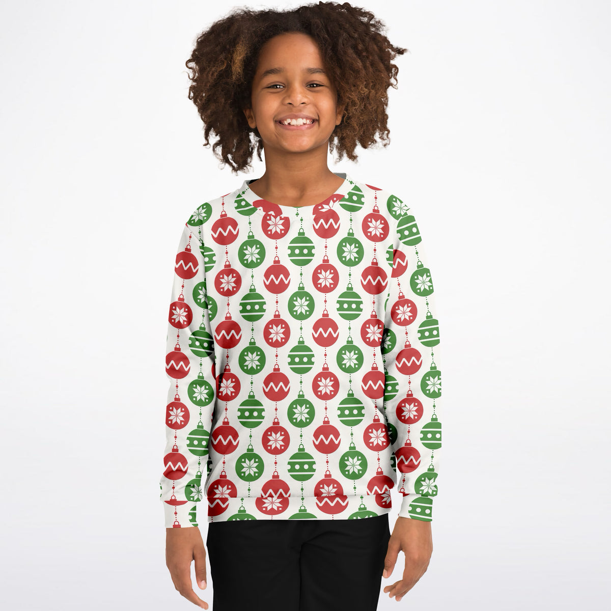 Kids Red & Green Christmas Ornament Sweatshirt – Ultra Soft & Stretchy, Cozy Fleece or Lightweight Sports Fabric Sweatshirt – Ultra Soft & Stretchy, Cozy Fleece or Lightweight Sports Fabric