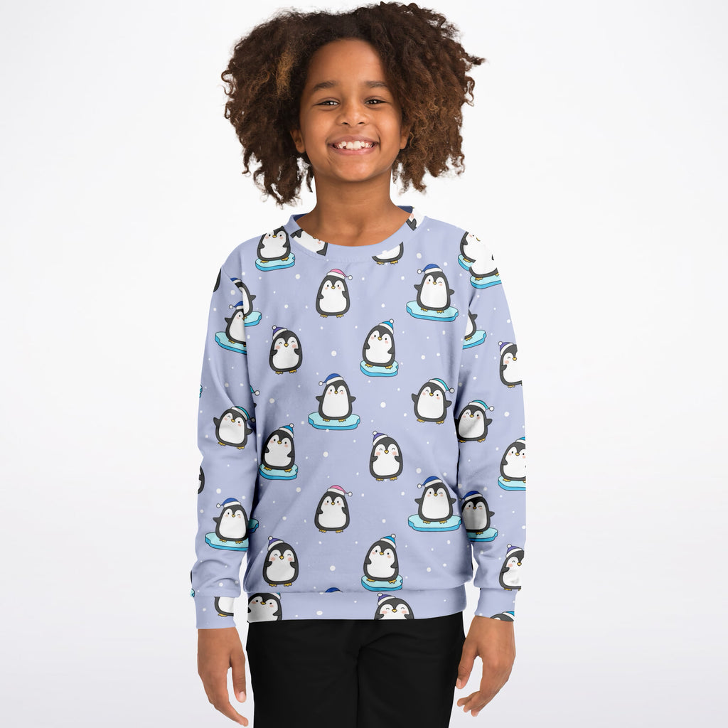 Kids Light Purple Penguin & Snowman Christmas Sweatshirt – Ultra Soft & Stretchy, Cozy Fleece or Lightweight Sports Fabric Sweatshirt – Ultra Soft & Stretchy, Cozy Fleece or Lightweight Sports Fabric