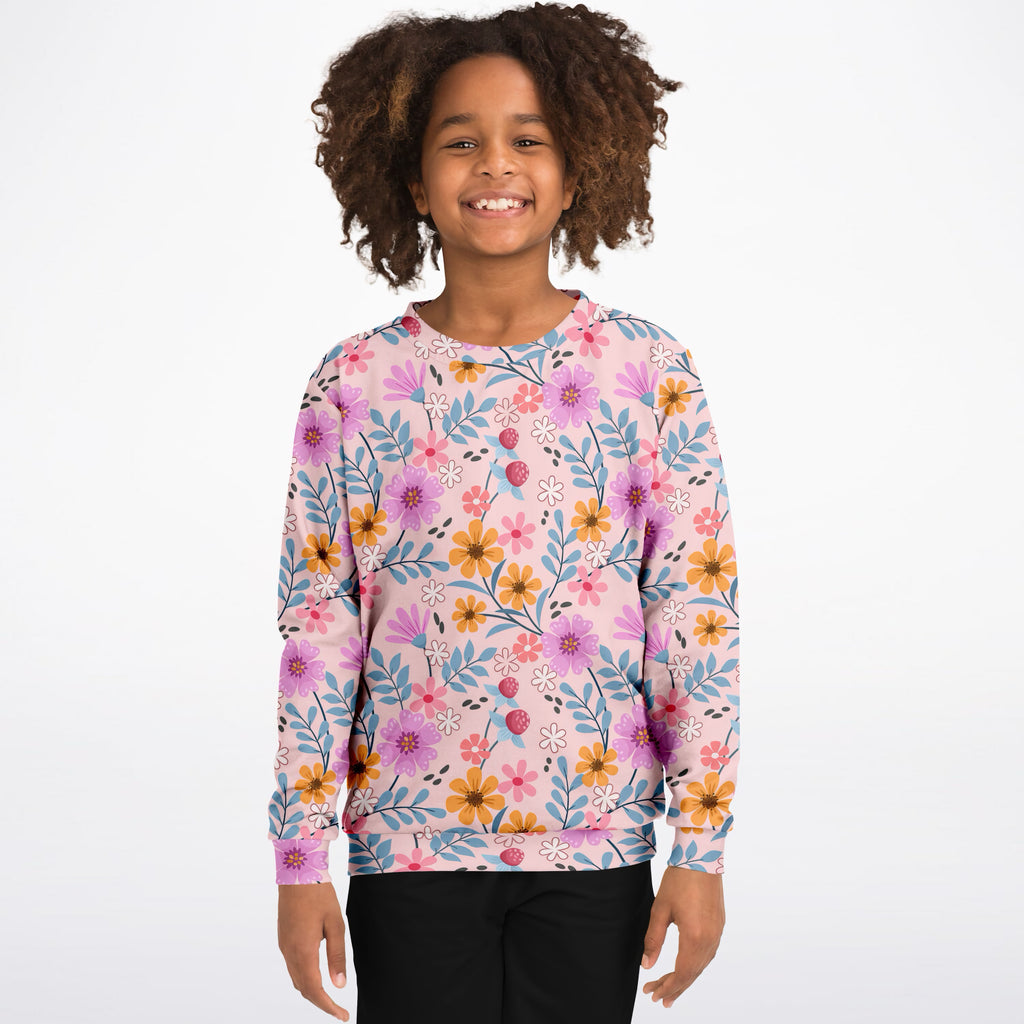 Girls Pink Wildflower Sweatshirt – Ultra Soft & Stretchy, Cozy Fleece or Lightweight Sports Fabric Sweatshirt – Ultra Soft & Stretchy, Cozy Fleece or Lightweight Sports Fabric