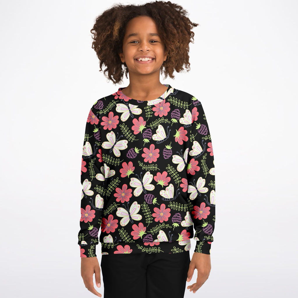 Girls Black Butterfly & Floral Sweatshirt – Ultra Soft & Stretchy, Cozy Fleece or Lightweight Sports Fabric Sweatshirt – Ultra Soft & Stretchy, Cozy Fleece or Lightweight Sports Fabric