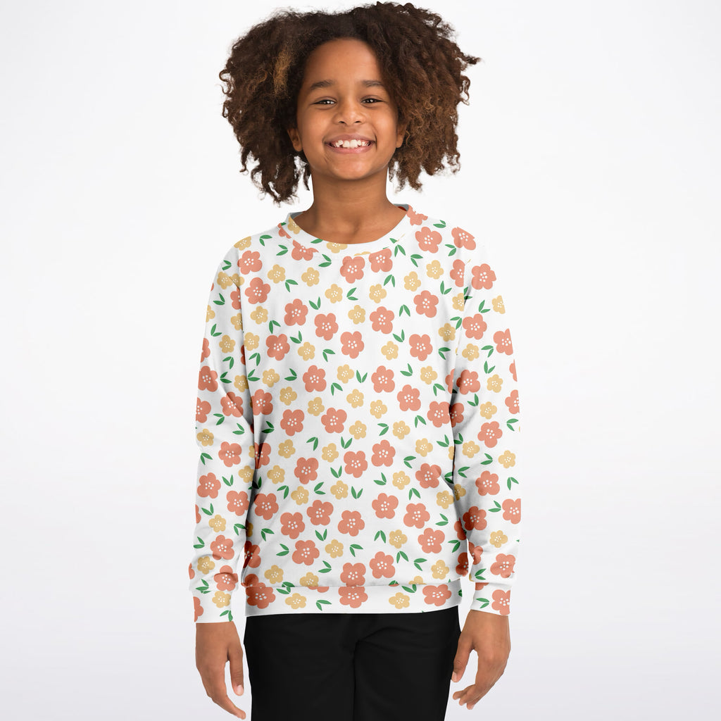 Girls Peach & Yellow Floral Sweatshirt – Ultra Soft & Stretchy, Cozy Fleece or Lightweight Sports Fabric Sweatshirt – Ultra Soft & Stretchy, Cozy Fleece or Lightweight Sports Fabric