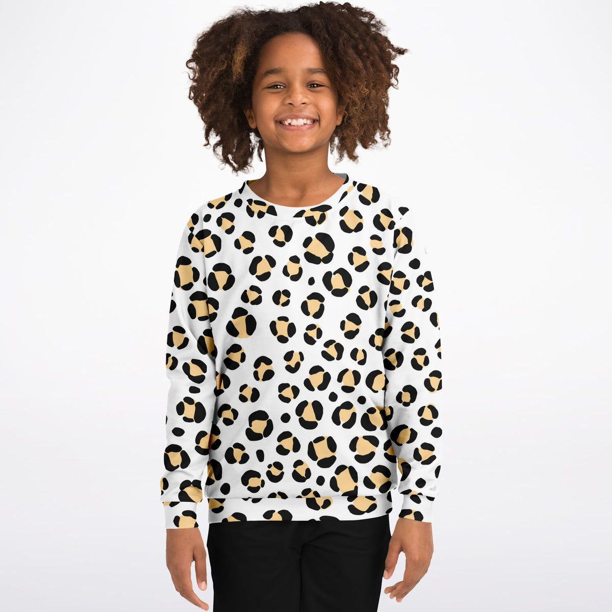 Kids Black & Tan Leopard Print Sweatshirt – Ultra Soft & Stretchy, Cozy Fleece or Lightweight Sports Fabric Sweatshirt – Ultra Soft & Stretchy, Cozy Fleece or Lightweight Sports Fabric