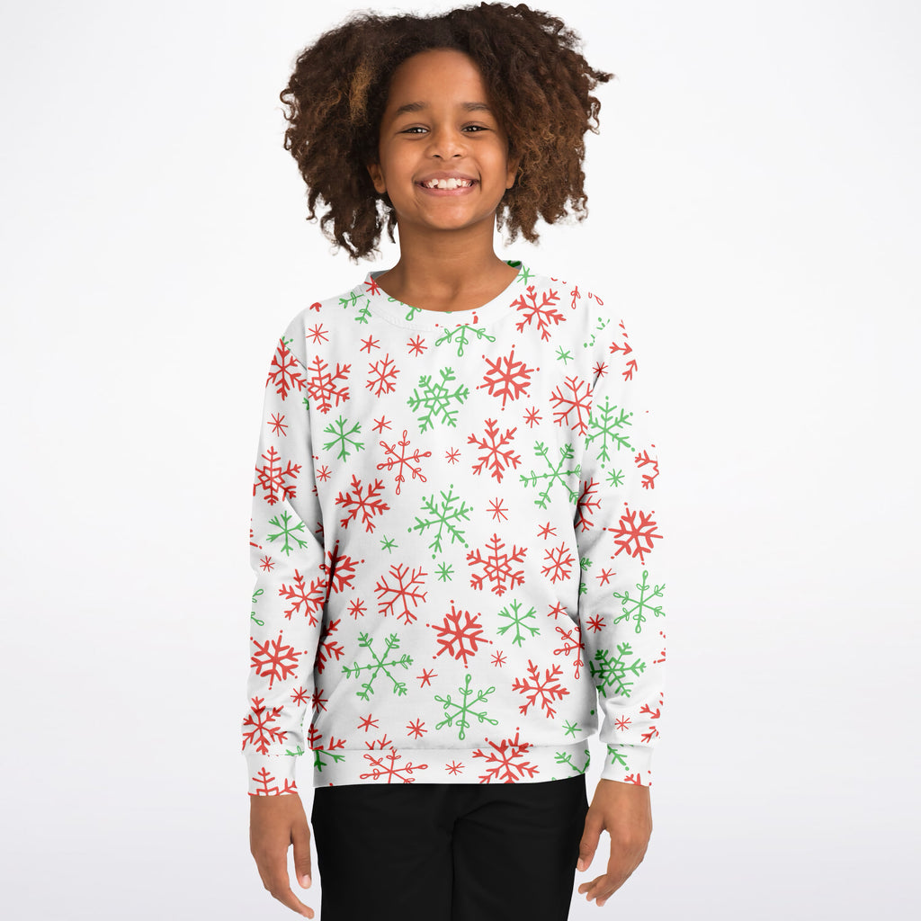 Kids Red & Green Snowflakes Christmas Sweatshirt – Ultra Soft & Stretchy, Cozy Fleece or Lightweight Sports Fabric Sweatshirt – Ultra Soft & Stretchy, Cozy Fleece or Lightweight Sports Fabric