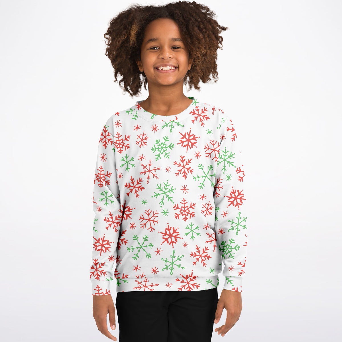 Kids Red & Green Snowflakes Christmas Sweatshirt – Ultra Soft & Stretchy, Cozy Fleece or Lightweight Sports Fabric Sweatshirt – Ultra Soft & Stretchy, Cozy Fleece or Lightweight Sports Fabric