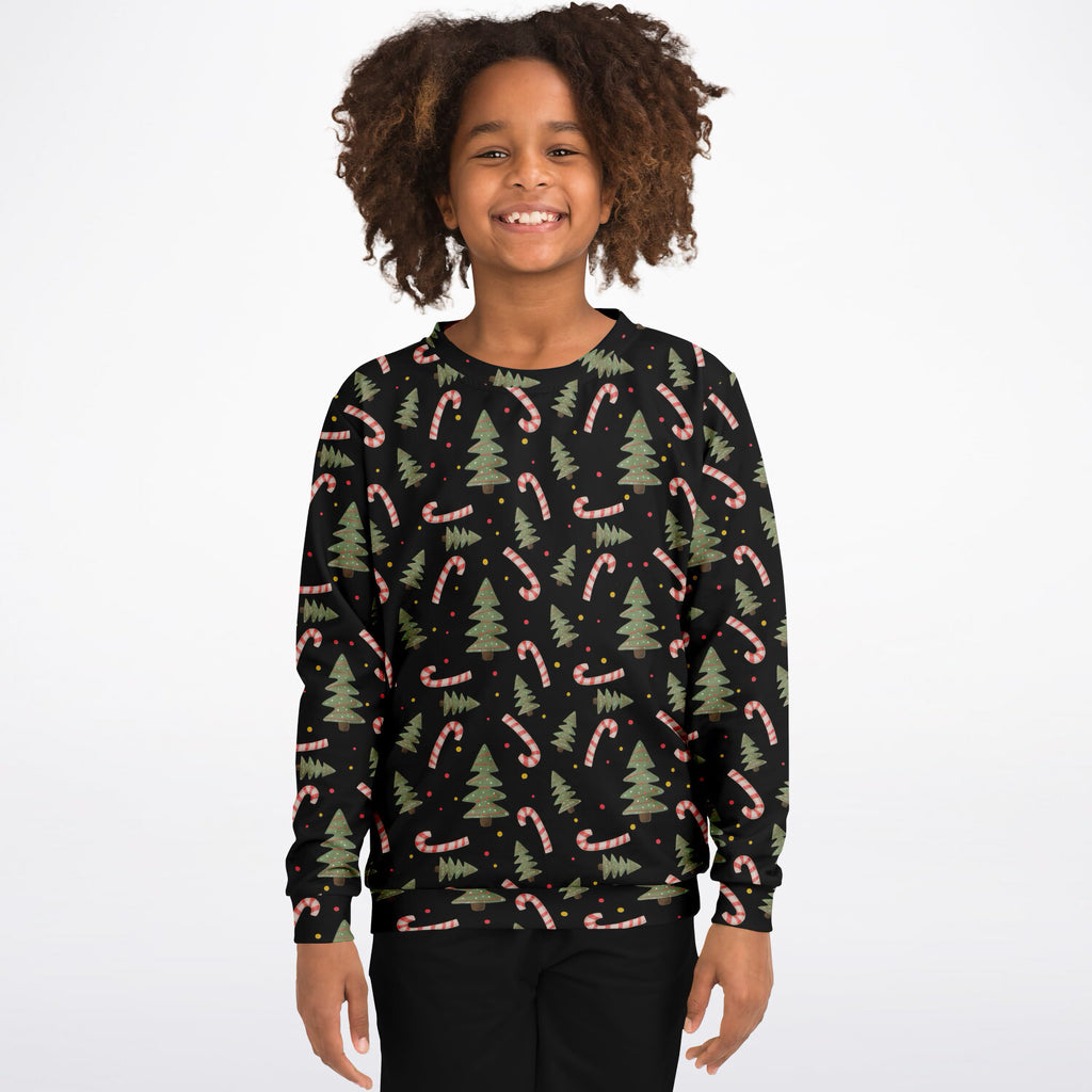 Kids Christmas Tree & Candy Cane Sweatshirt – Ultra Soft & Stretchy, Cozy Fleece or Lightweight Sports Fabric Sweatshirt – Ultra Soft & Stretchy, Cozy Fleece or Lightweight Sports Fabric