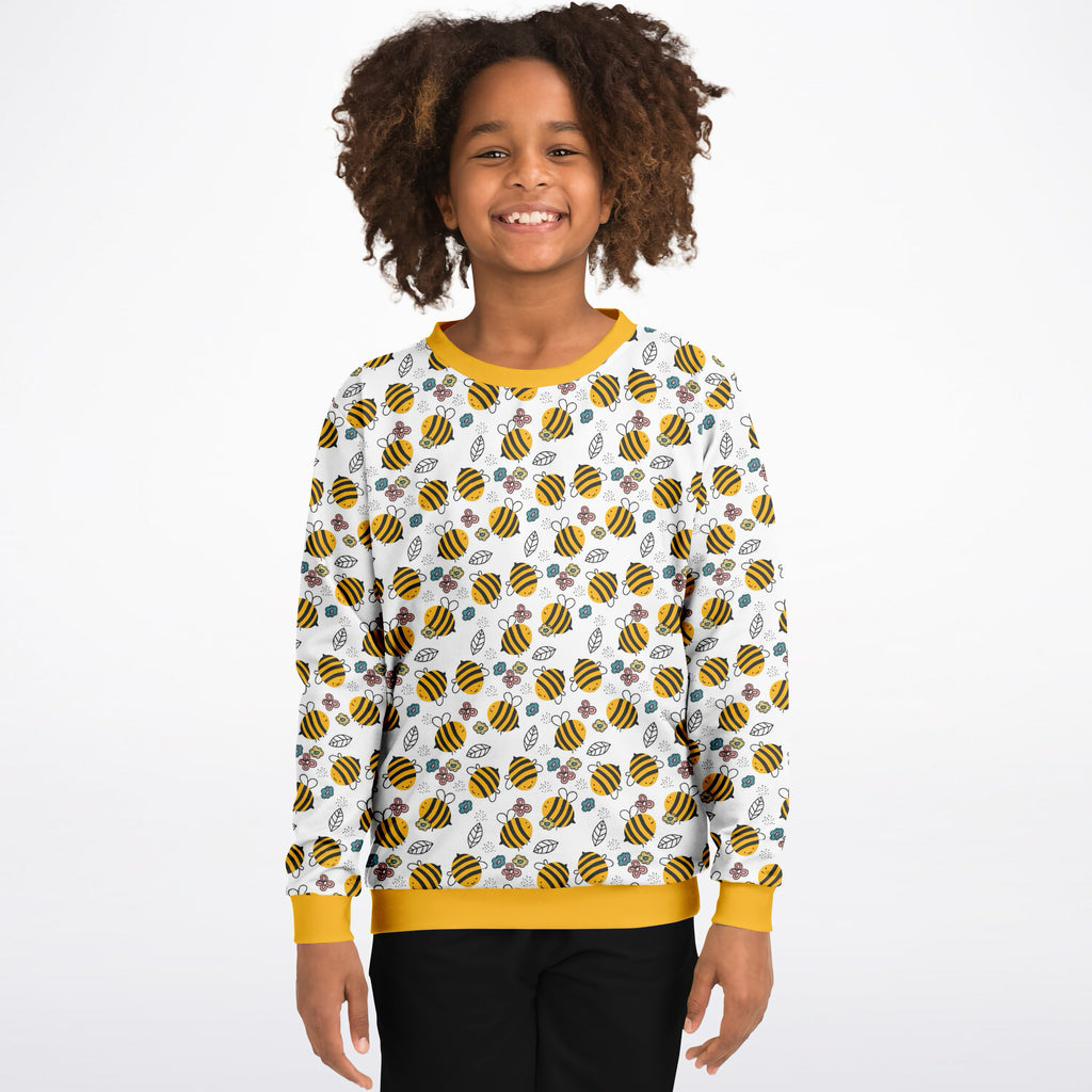 Kids bumble bee sweatshirt white long-sleeved cotton fleece with yellow trim and playful bee leaf and flower pattern