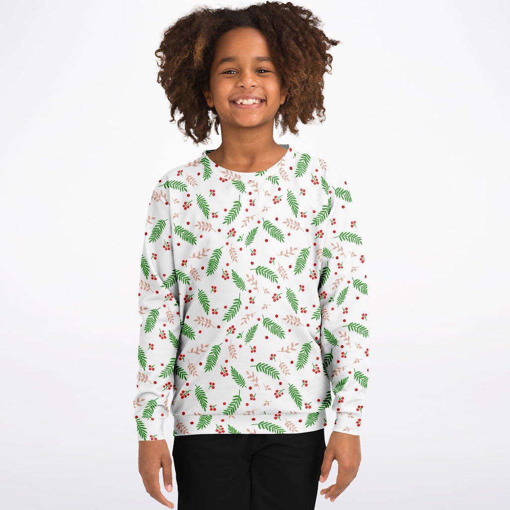Kids Christmas Greenery and Red Berry Sweatshirt – Ultra Soft & Stretchy, Cozy Fleece or Lightweight Sports Fabric Sweatshirt – Ultra Soft & Stretchy, Cozy Fleece or Lightweight Sports Fabric