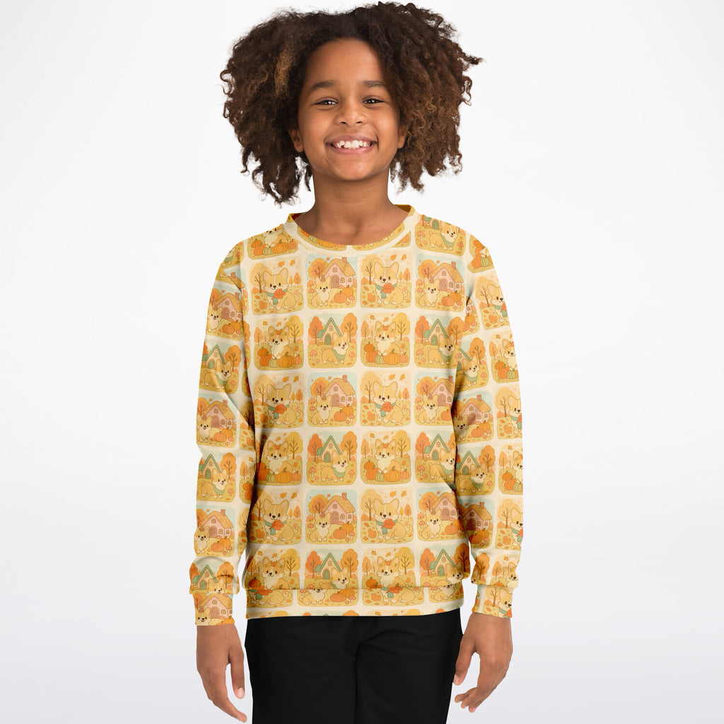 Kids Autumn Corgi Dog Sweatshirt – Ultra Soft & Stretchy, Cozy Fleece or Lightweight Sports Fabric Sweatshirt – Ultra Soft & Stretchy, Cozy Fleece or Lightweight Sports Fabric