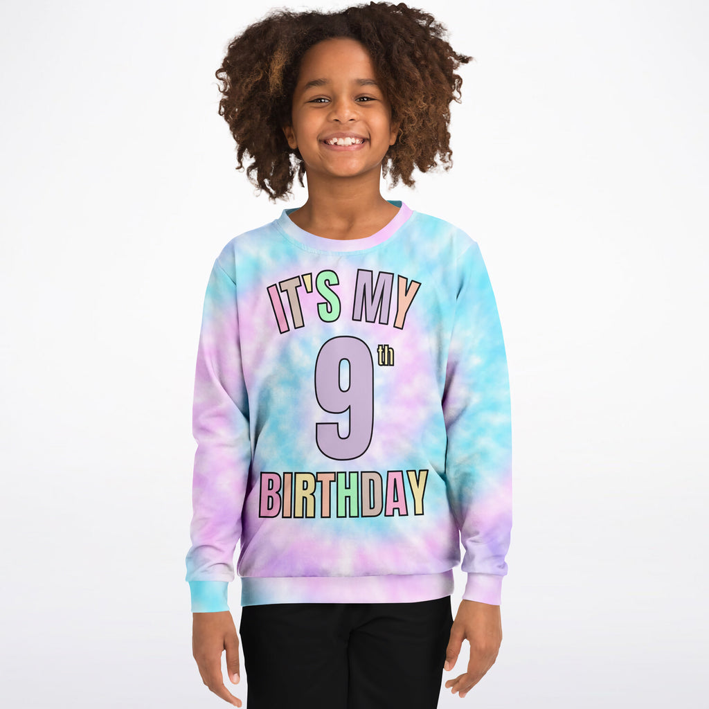 Girls custom age tie dye birthday sweatshirt in pastel blue and purple cotton fleece with its my 9th birthday text