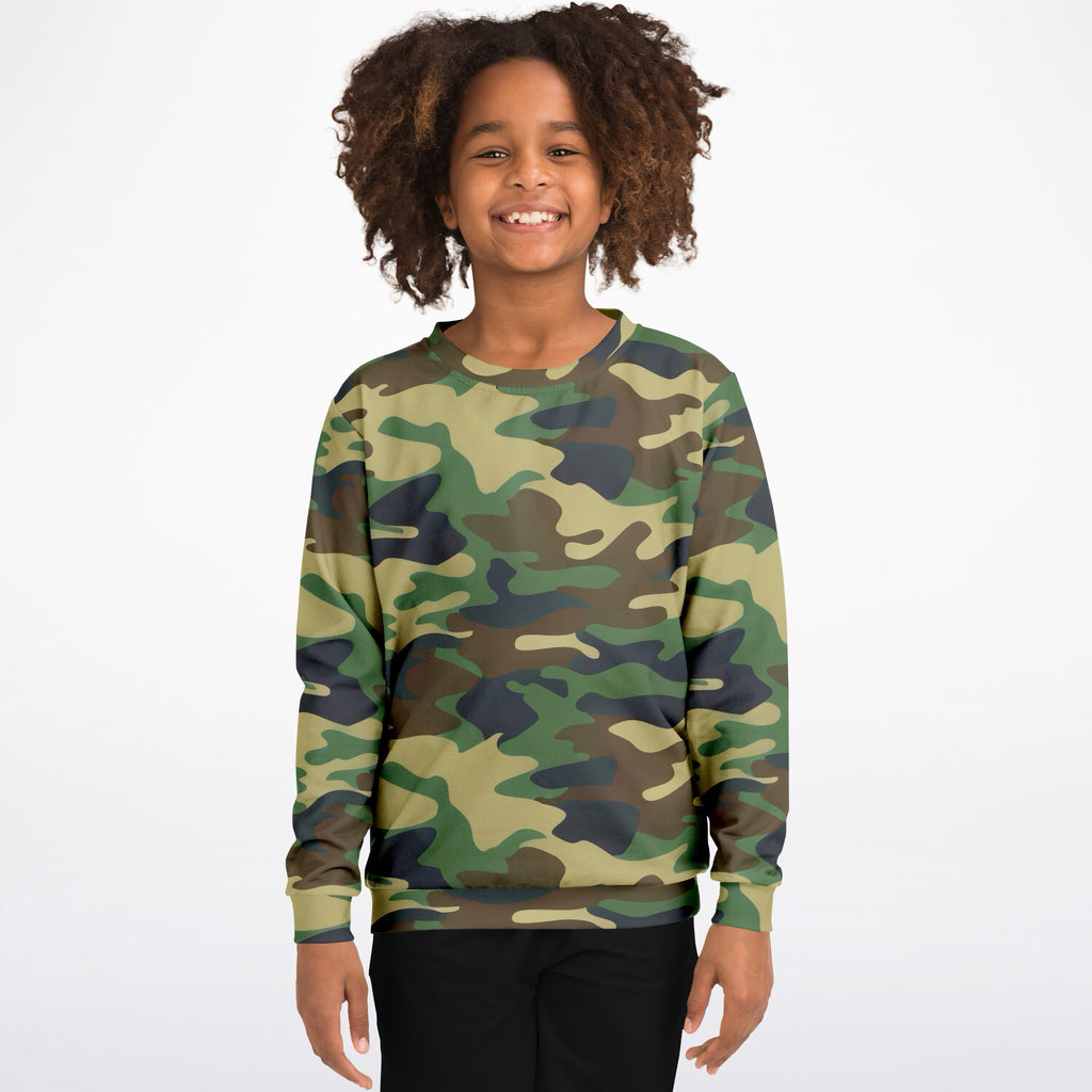 Kids Green Woodland Camouflage Sweatshirt – Ultra Soft & Stretchy, Cozy Fleece or Lightweight Sports Fabric Sweatshirt – Ultra Soft & Stretchy, Cozy Fleece or Lightweight Sports Fabric