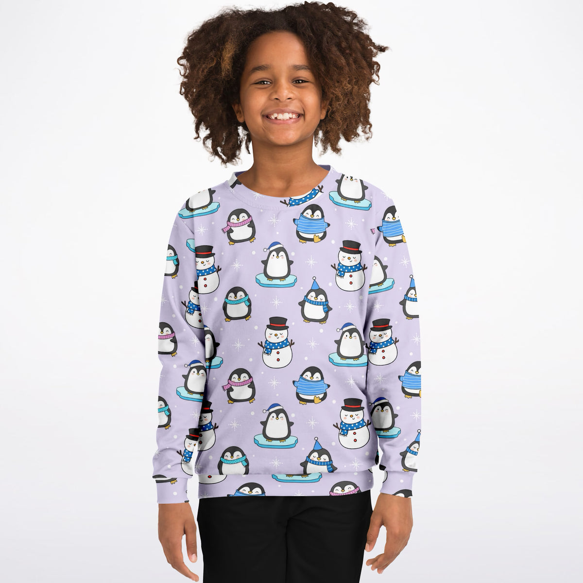 Kids Purple Penguin & Snowman Christmas Sweatshirt – Ultra Soft & Stretchy, Cozy Fleece or Lightweight Sports Fabric Sweatshirt – Ultra Soft & Stretchy, Cozy Fleece or Lightweight Sports Fabric