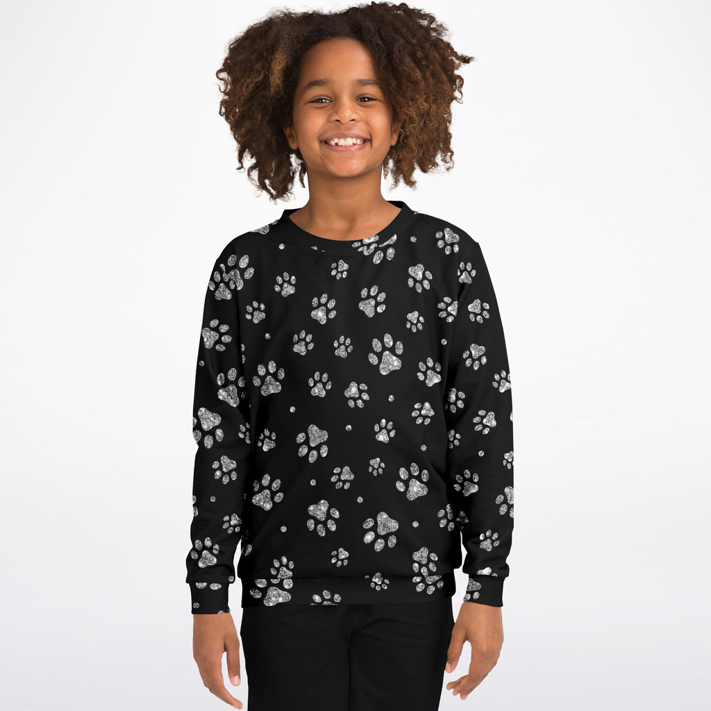 Kids Silver Faux Glitter Paw Print Sweatshirt – Ultra Soft & Stretchy, Cozy Fleece or Lightweight Sports Fabric Sweatshirt – Ultra Soft & Stretchy, Cozy Fleece or Lightweight Sports Fabric