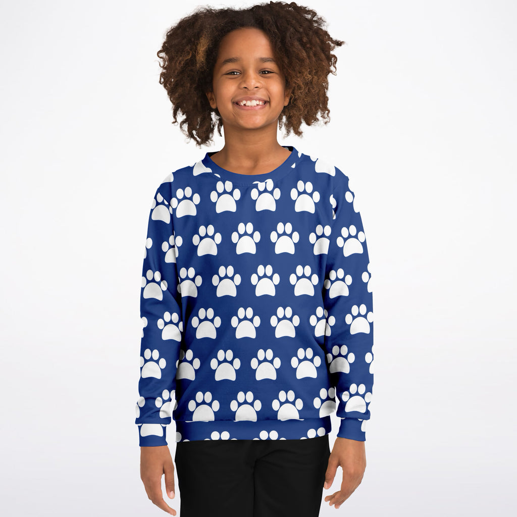 Kids Dark Blue Paw Print Sweatshirt – Ultra Soft & Stretchy, Cozy Fleece or Lightweight Sports Fabric Sweatshirt – Ultra Soft & Stretchy, Cozy Fleece or Lightweight Sports Fabric