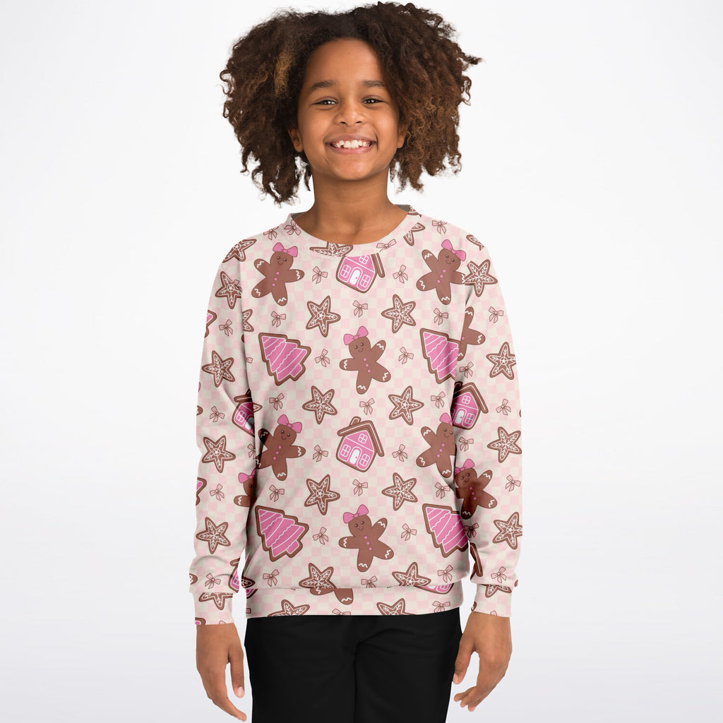 Girls Pink Christmas Gingerbread Sweatshirt – Ultra Soft & Stretchy, Cozy Fleece or Lightweight Sports Fabric Sweatshirt – Ultra Soft & Stretchy, Cozy Fleece or Lightweight Sports Fabric